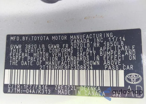 2015 Toyota Corolla Le from USA, damaged, VIN 2T1BURHE9FC308834